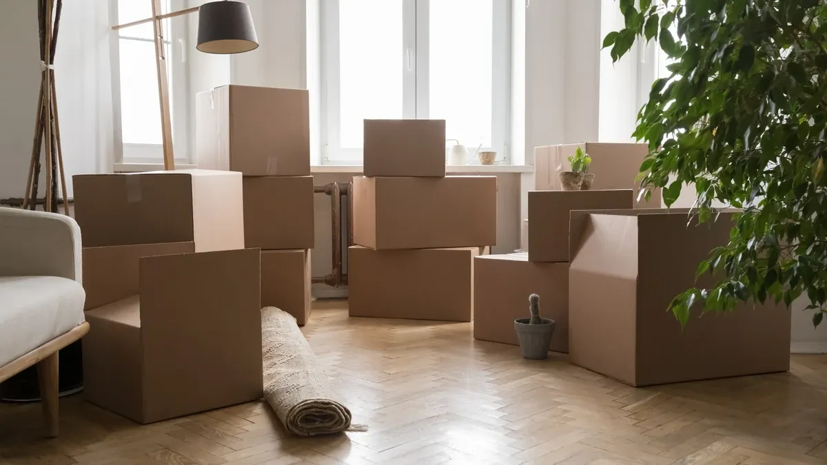 Cardboard boxes in a home sit ready for packing as the owner prepares to move